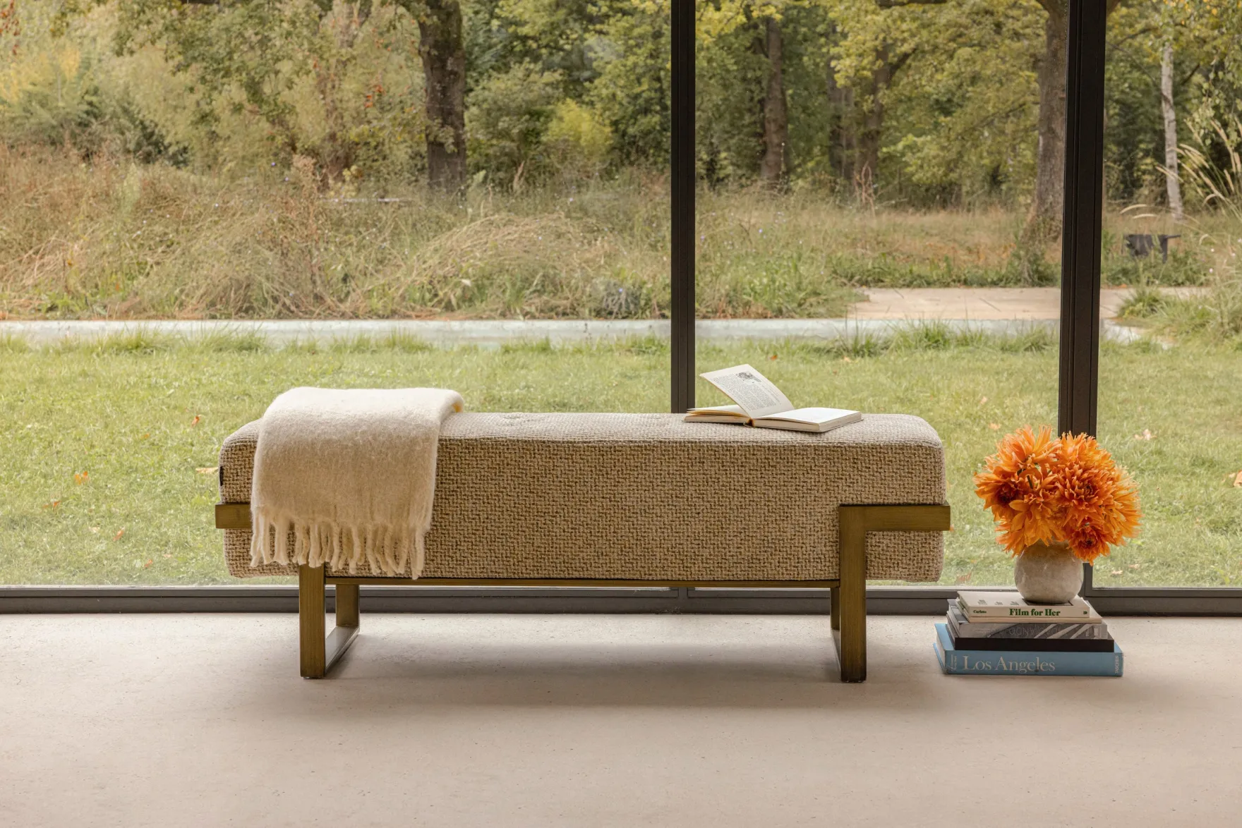 Banc, Tweed moucheté marron & métal doré, L142 Vertigo