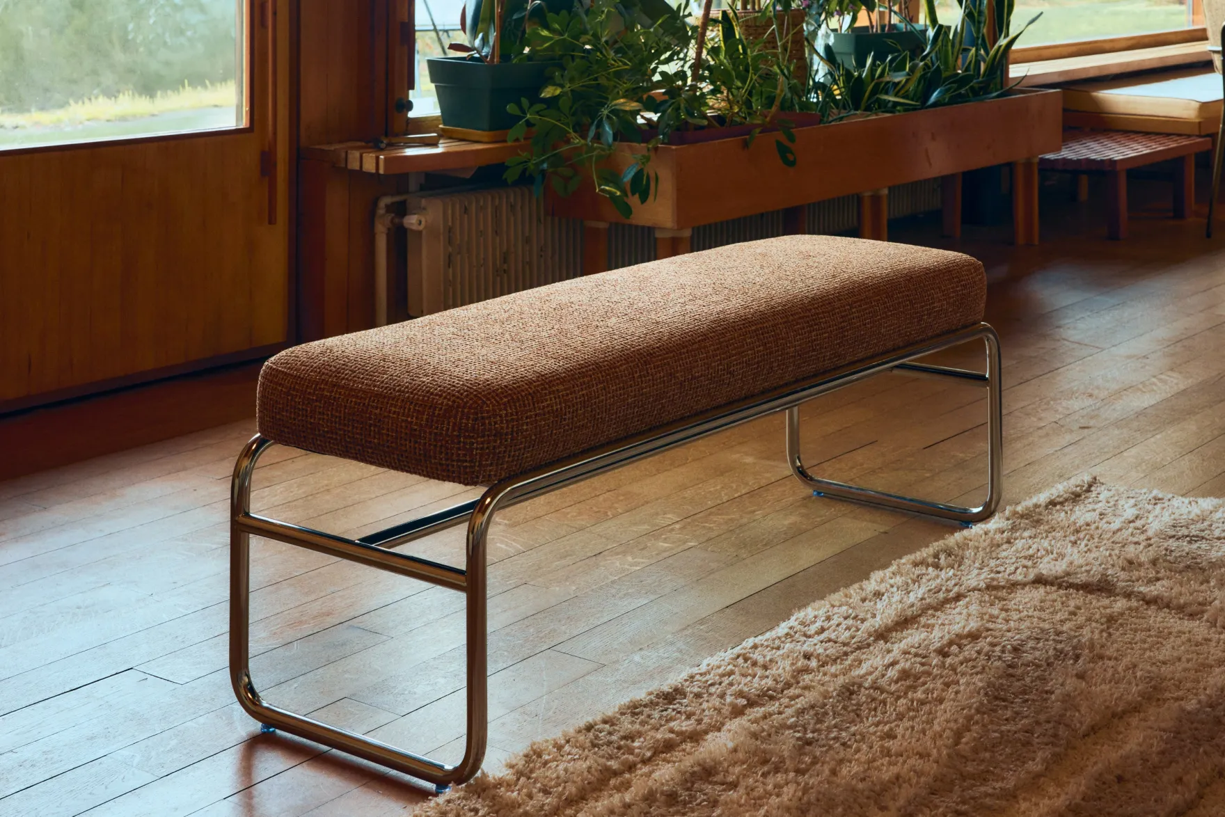 Banc, Tweed rouge rouille et beige, acier chromé, L135 Kyra