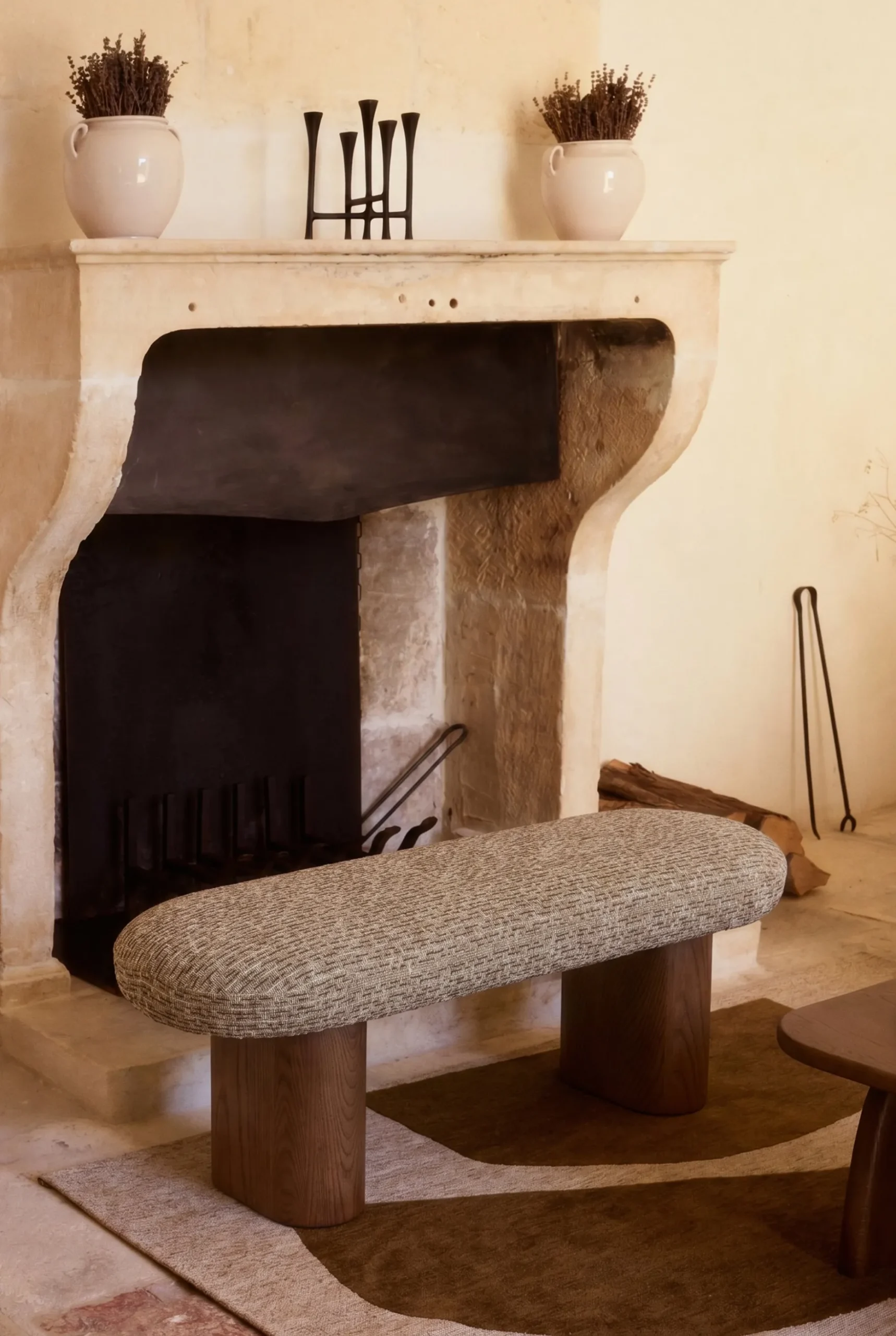 Banc, Tweed vert sauge doré & Frêne massif teinte noyer, L132.5 Popa