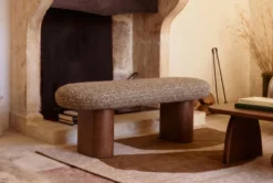 Banc, Tweed vert sauge doré & Frêne massif teinte noyer, L132.5 Popa