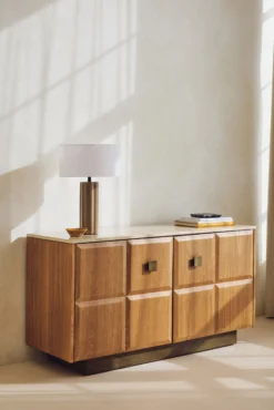 Buffet, Travertin, bois blond & bronze, L140 Stamford