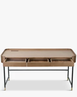 Bureau, Bois de frêne teinte noyer, métal noir & doré, L160 Jeffrey