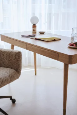 Bureau, Bois naturel veiné & métal doré, L140 Vinyle