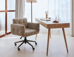 Bureau, Bois naturel veiné & métal doré, L140 Vinyle
