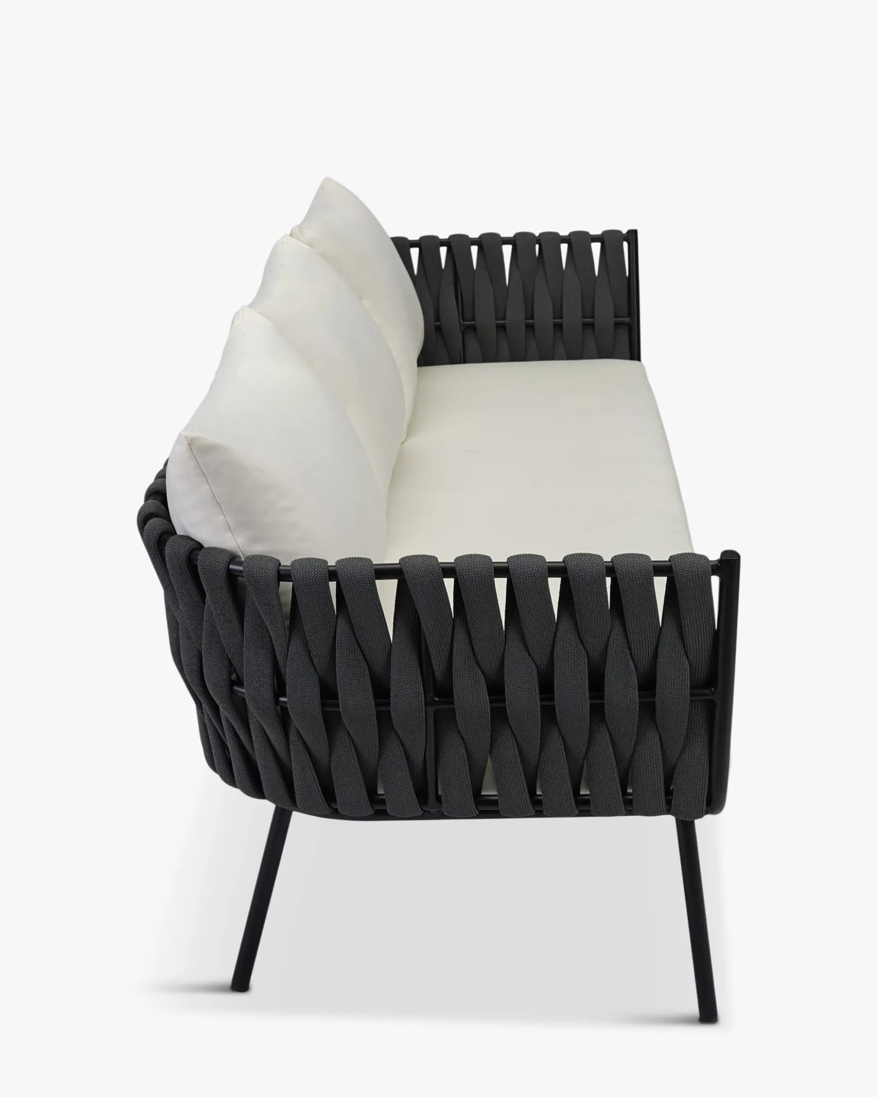 Canapé de jardin 3 places, Blanc écru, cordage noir & métal noir, L203 Hamptons