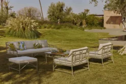 Canapé de jardin 3 places, Blanc waterproof & métal taupe, L220 Amalfi