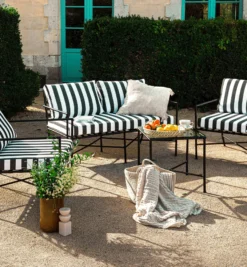Canapé de jardin 2 places, Tissu waterproof noir-blanc & métal noir, L145 Bel Air