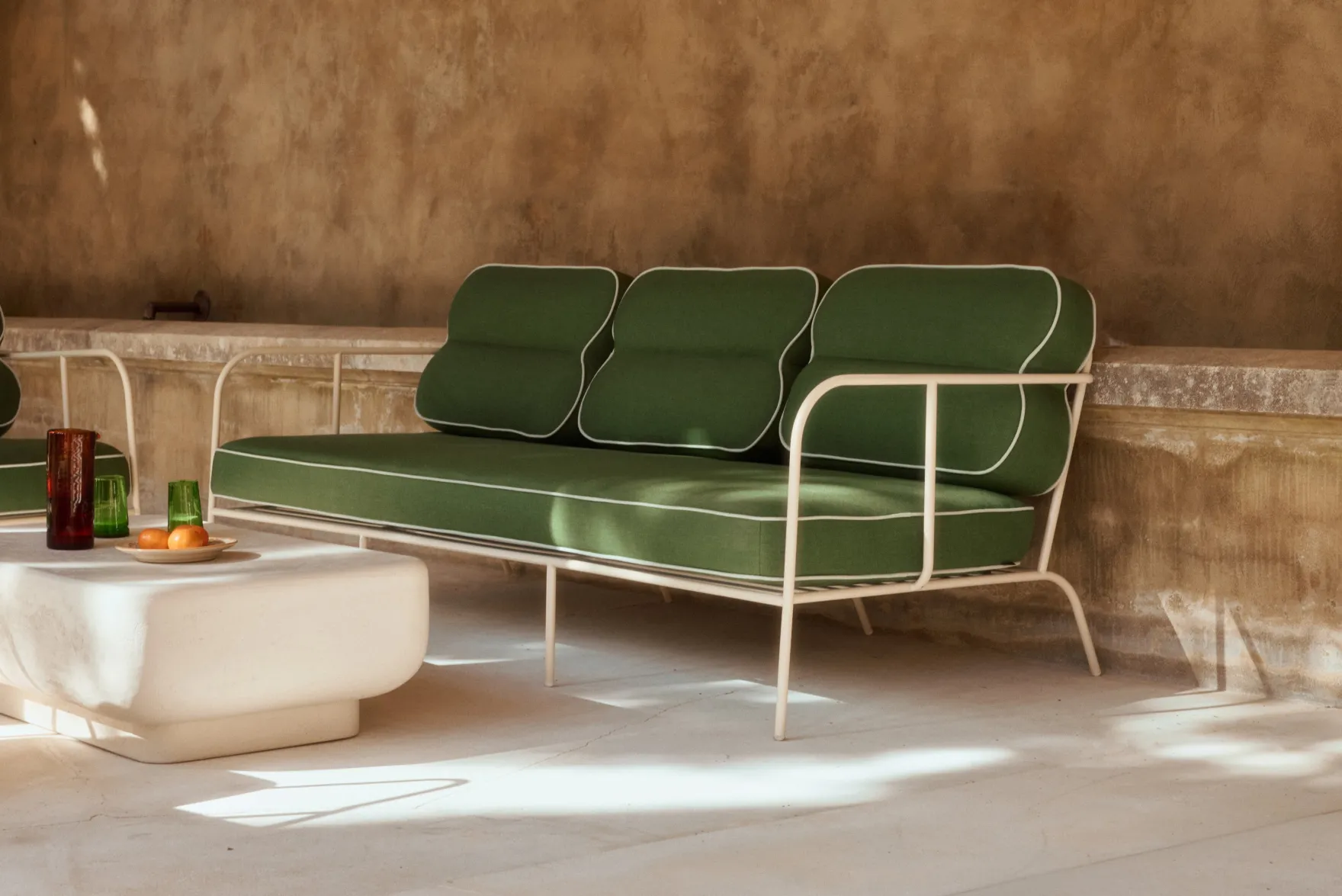 Canapé de jardin 3 places, Vert prairie & métal beige, L216 Maddalena