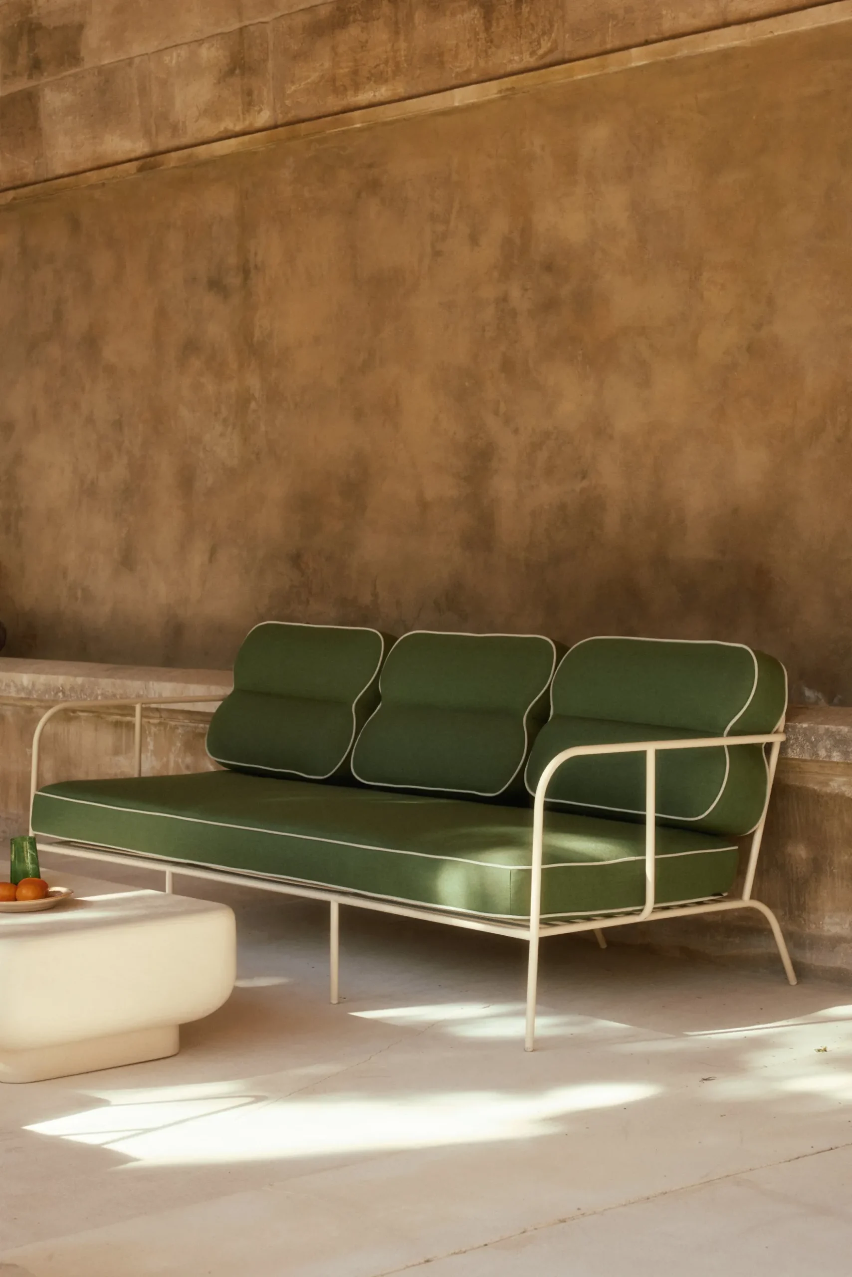 Canapé de jardin 3 places, Vert prairie & métal beige, L216 Maddalena