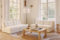 Canapé 2 places modulable, Blanc avoine bouclé, L170 Paul