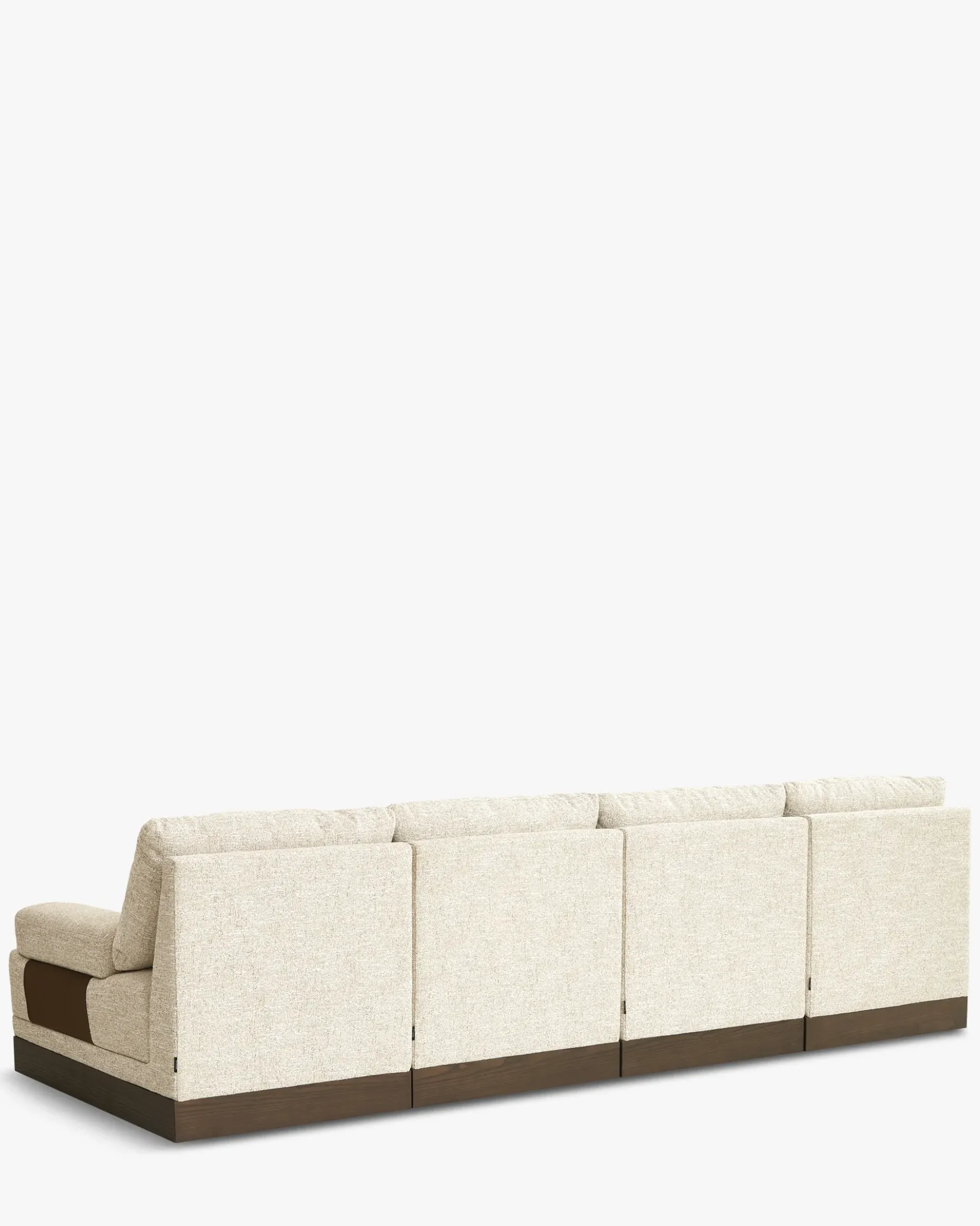 Canapé 4 places modulable, Tweed écru meringue & Bois teinte noyer foncé Roman