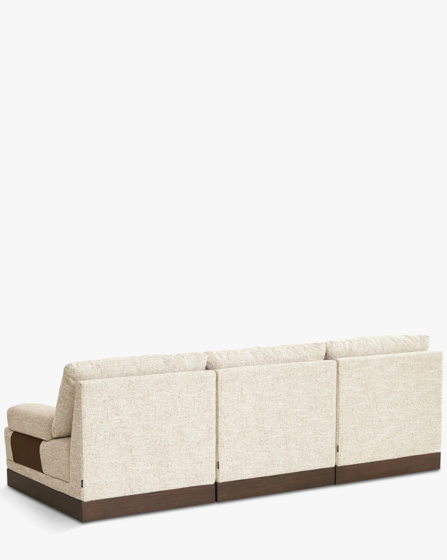 Canapé 3 places modulable, Tweed écru meringue & Bois teinte noyer foncé Roman