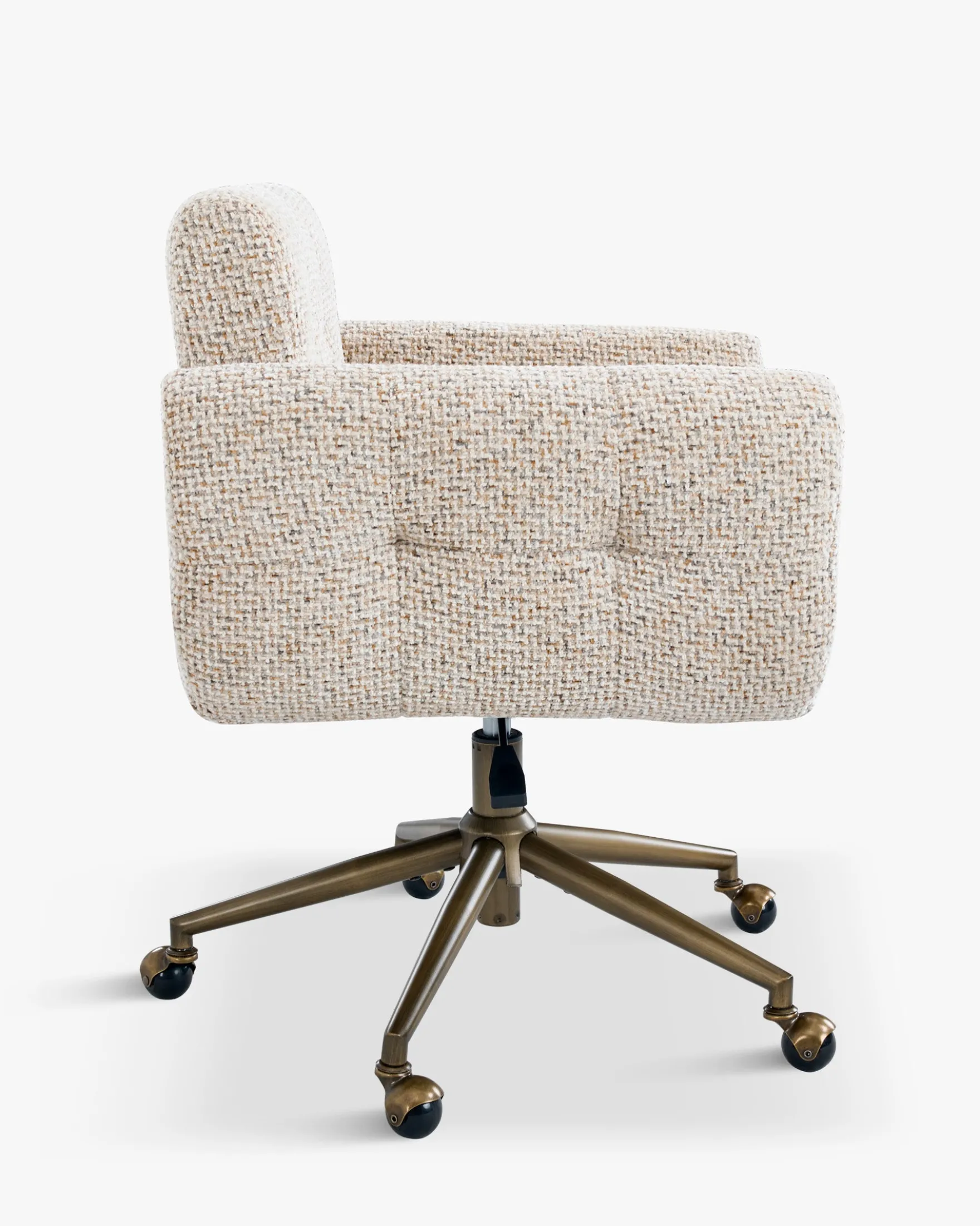 Chaise de bureau rotative, Tweed moucheté marron & métal doré Valeria