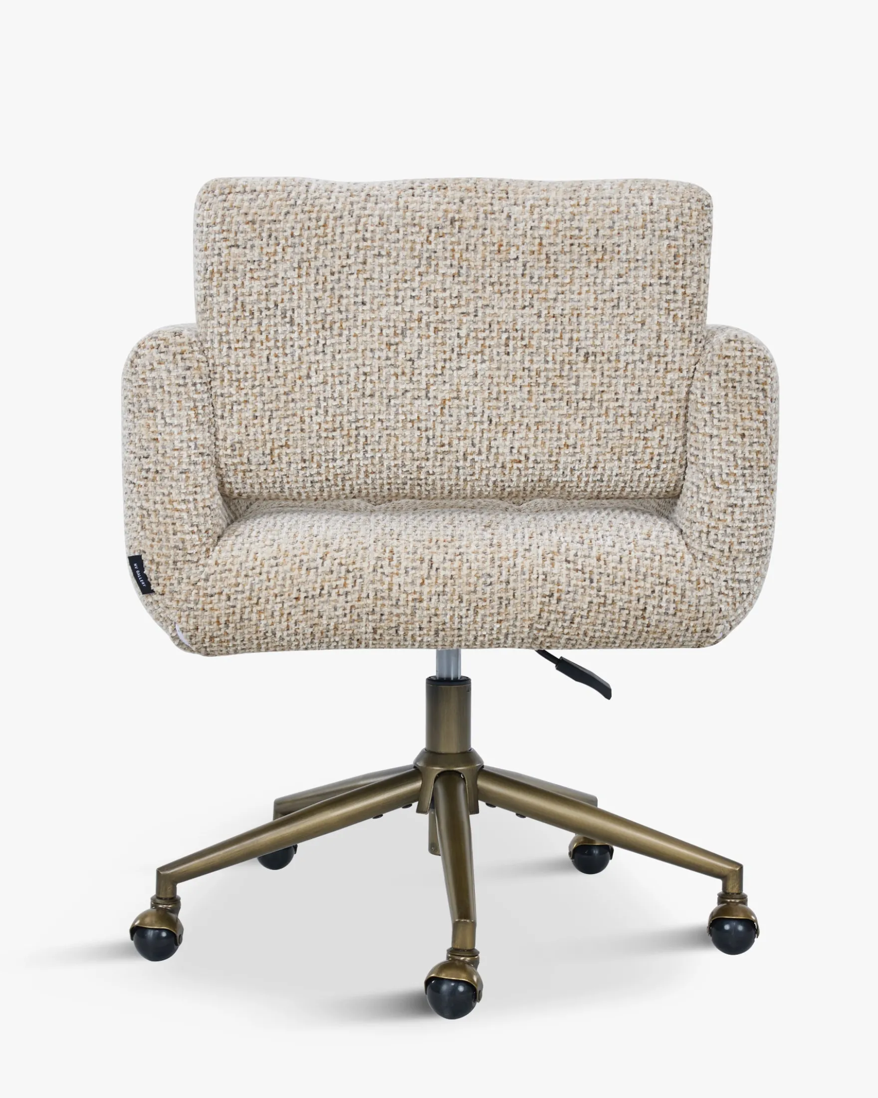 Chaise de bureau rotative, Tweed moucheté marron & métal doré Valeria