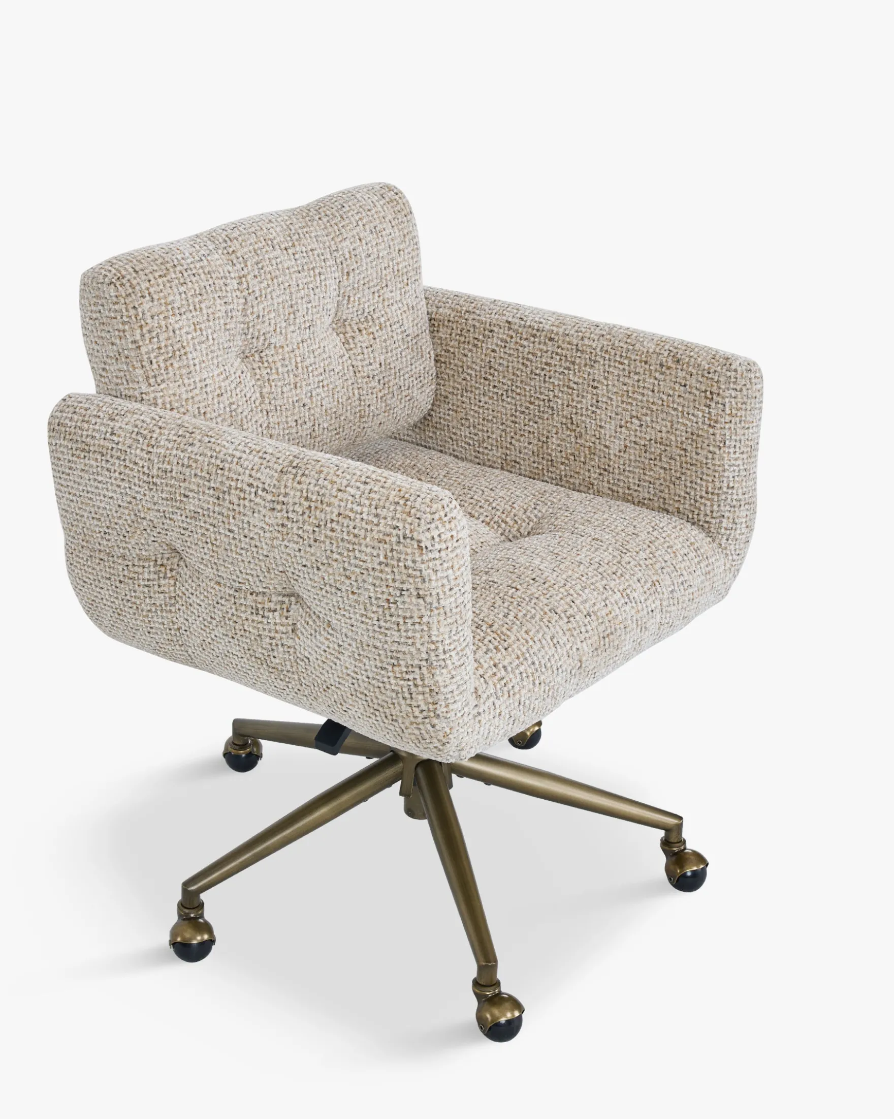Chaise de bureau rotative, Tweed moucheté marron & métal doré Valeria