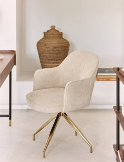 Chaise de bureau rotative, Tweed sable & métal doré Luthor