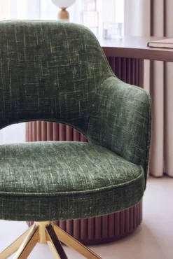 Chaise de bureau rotative, Tweed vert & métal doré, 60x86 Luthor