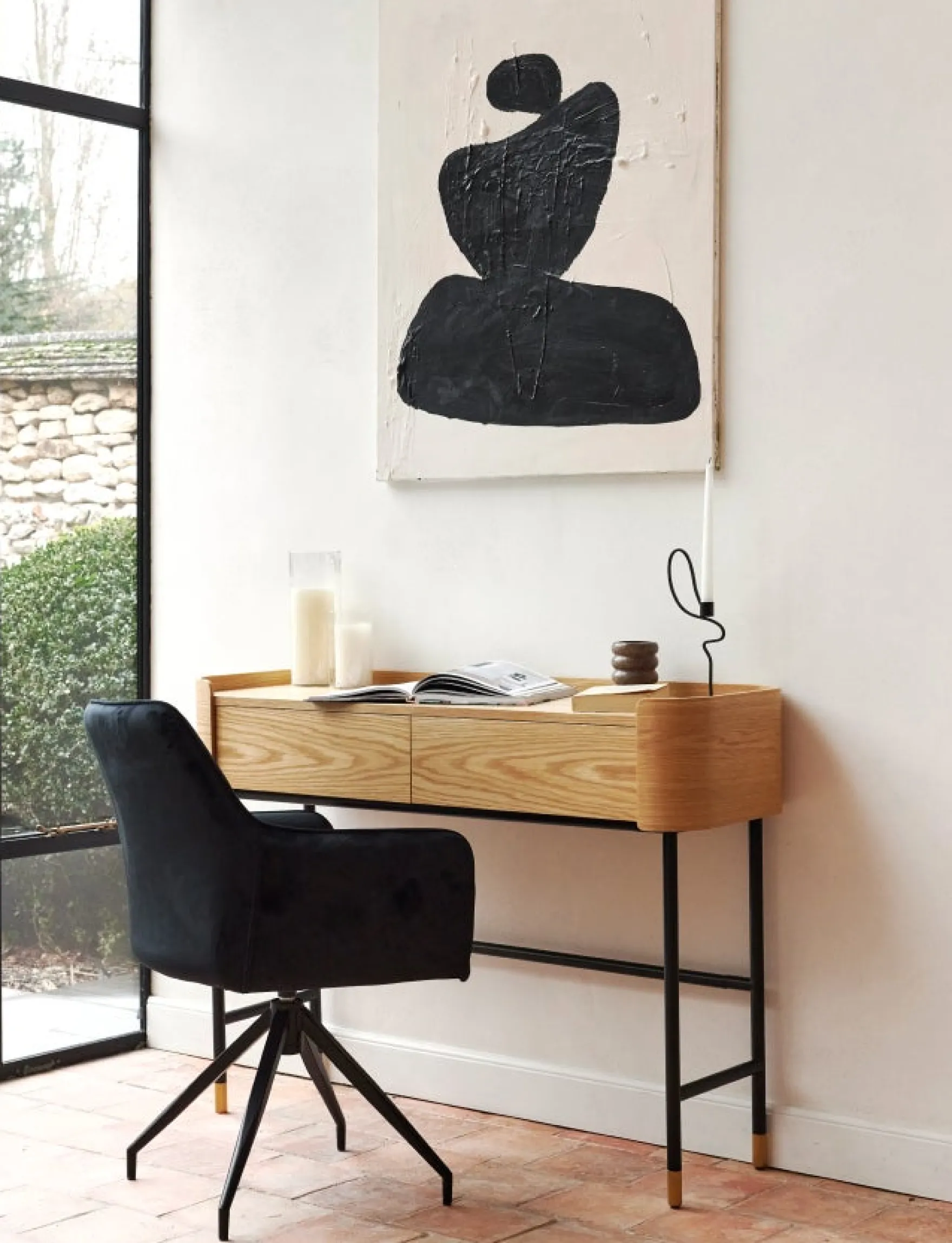 Chaise de bureau rotative, Velours nuit noire & métal noir, 60x86 Kingscross