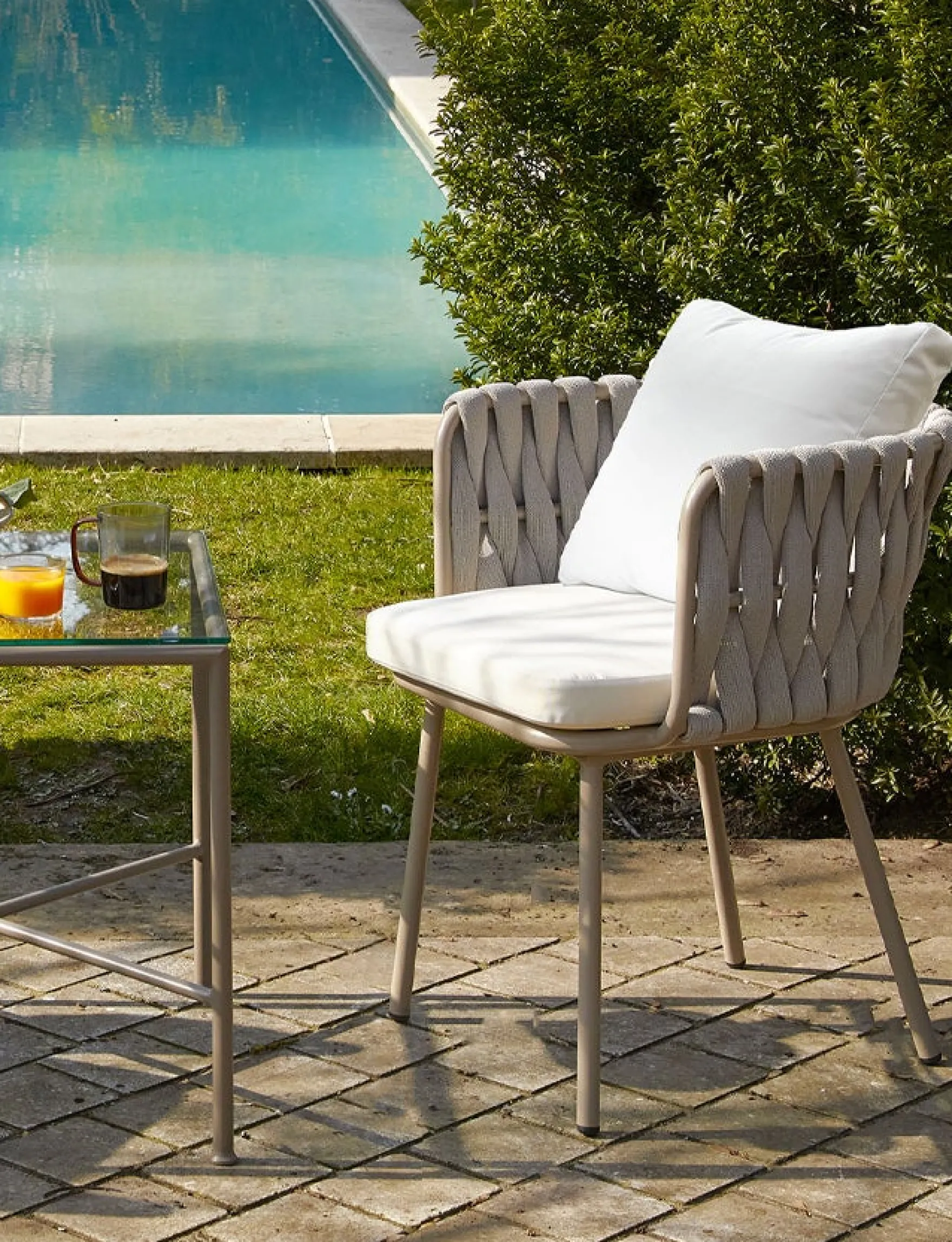 Chaise de jardin, Blanc écru cordage & métal, 65x85 Hamptons