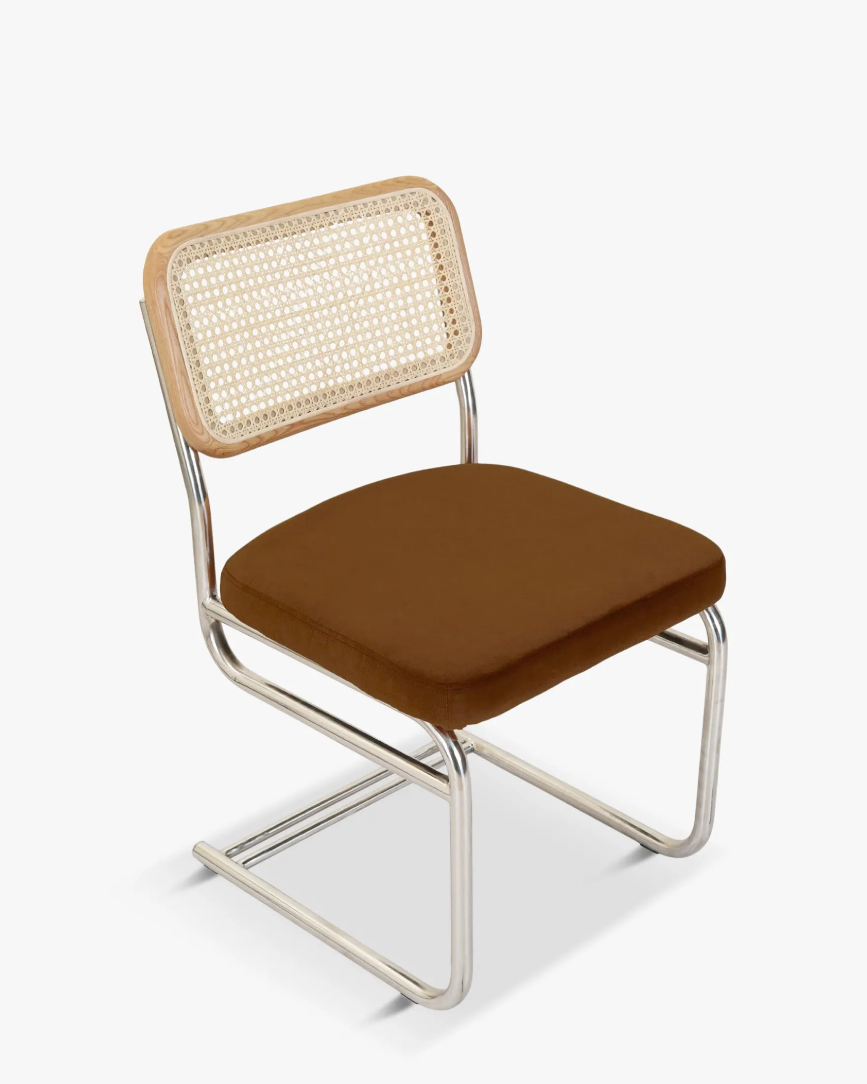 Chaise design, Velours Marron Caramel, Cannage & Métal Chromé Uberto