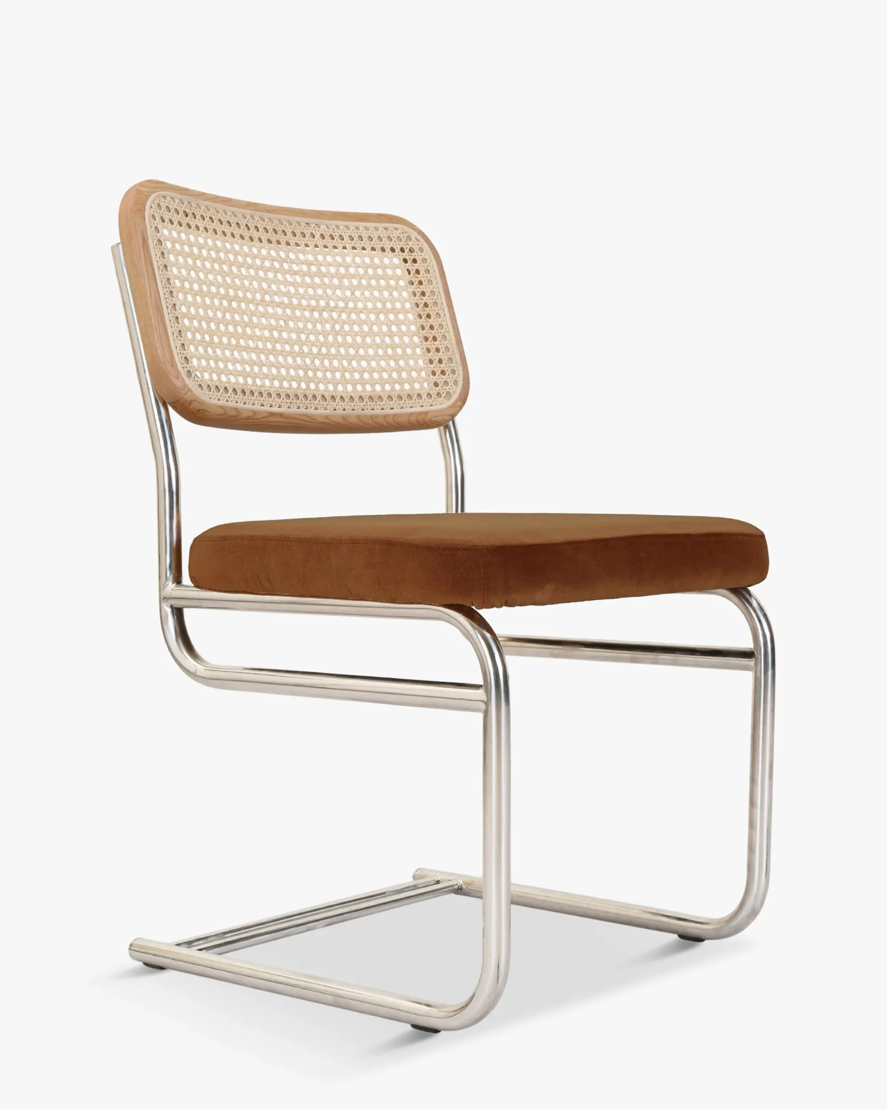 Chaise design, Velours Marron Caramel, Cannage & Métal Chromé Uberto