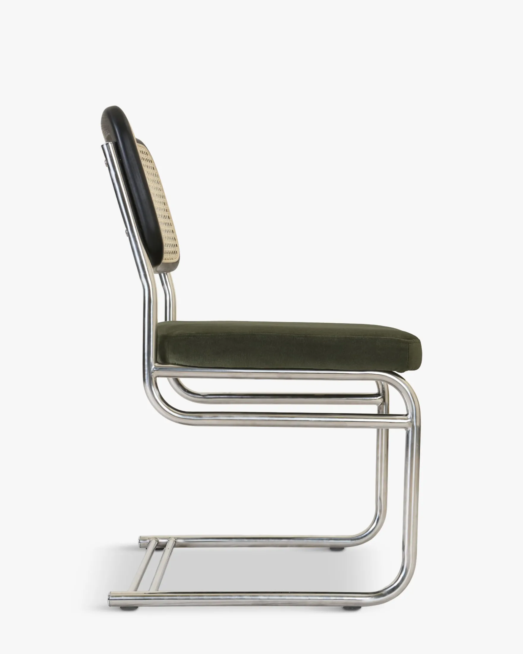 Chaise design, Velours Vert Bouteille, Cannage & Métal Chromé Uberto