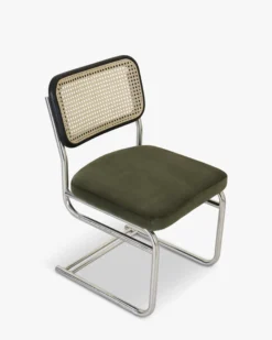 Chaise design, Velours Vert Bouteille, Cannage & Métal Chromé Uberto