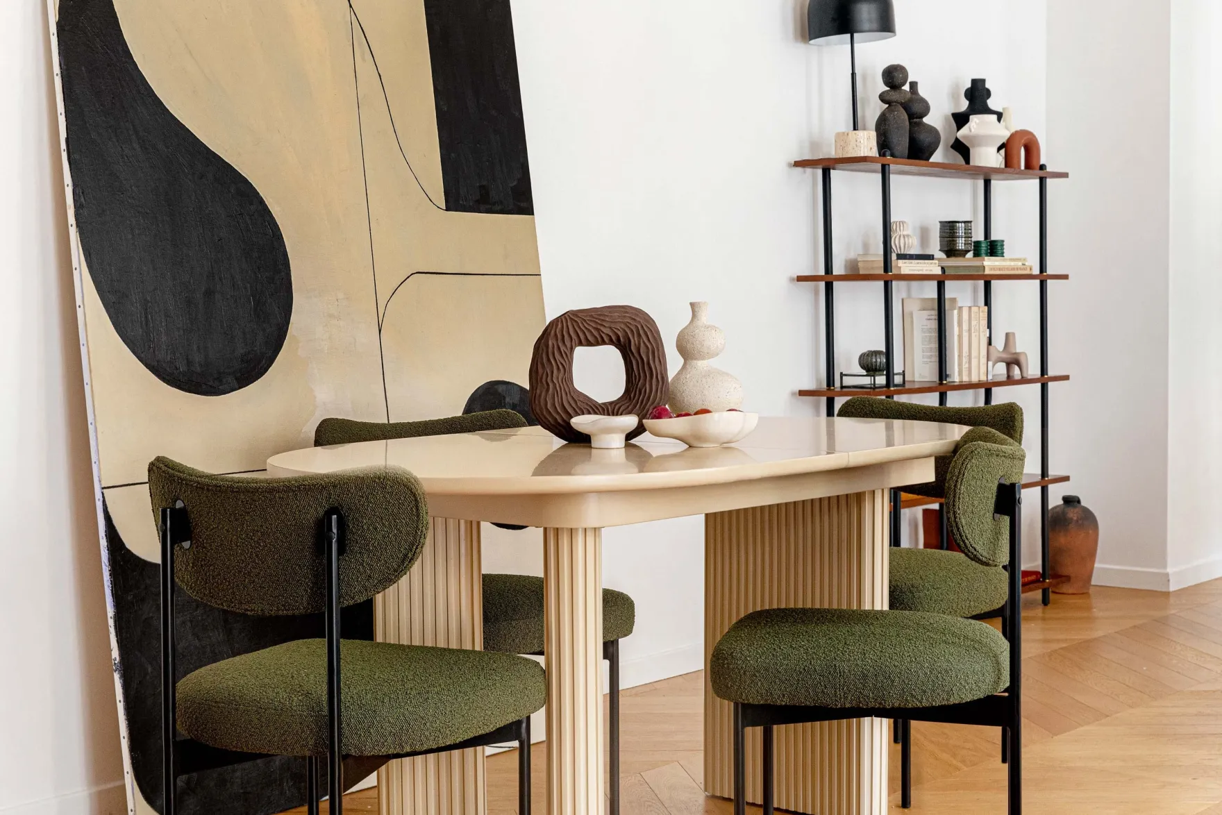 Chaise, Vert kaki bouclé & métal noir Jasper