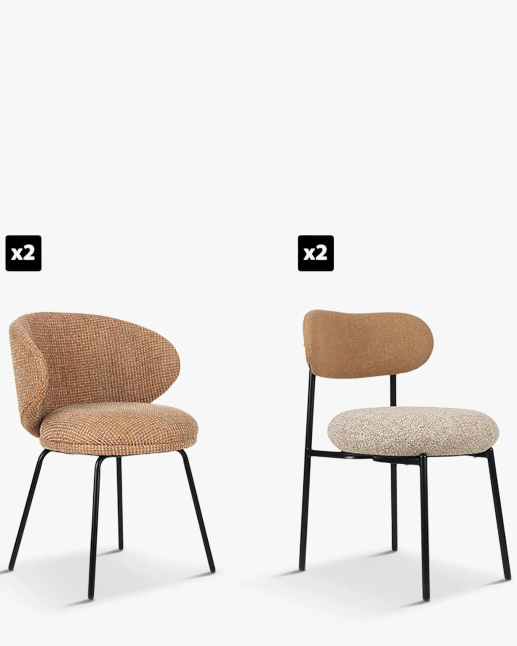 Ensemble 4 chaises , Tweed miami, camel sable, jaune moucheté Savio, Maia