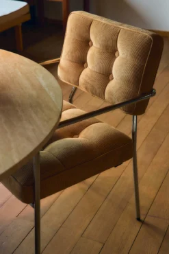 Ensemble de 4 chaises, Velours Côtelé Orange Abricot & Métal Chromé Orea