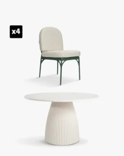 Ensemble de jardin, Table à manger de jardin ronde + 4 chaises, Blanc, Beige bouclé & Métal vert Athena, Bonifacio