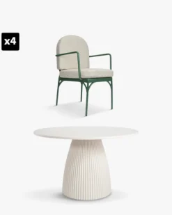 Ensemble de jardin, Table à Manger de Jardin Ronde + 4 Chaises, Blanc, Beige Bouclé & Métal vert Athena, Bonifacio