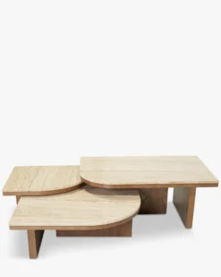 Ensemble de 3 tables basses gigognes, Travertin waterproof & bois de frêne teinte noyer Highland S, Highland M, Highland L
