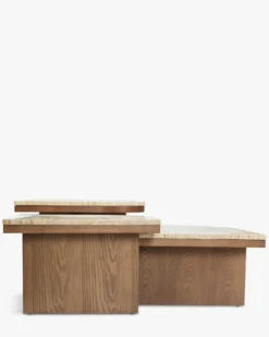Ensemble de 3 tables basses gigognes, Travertin waterproof & bois de frêne teinte noyer Highland S, Highland M, Highland L