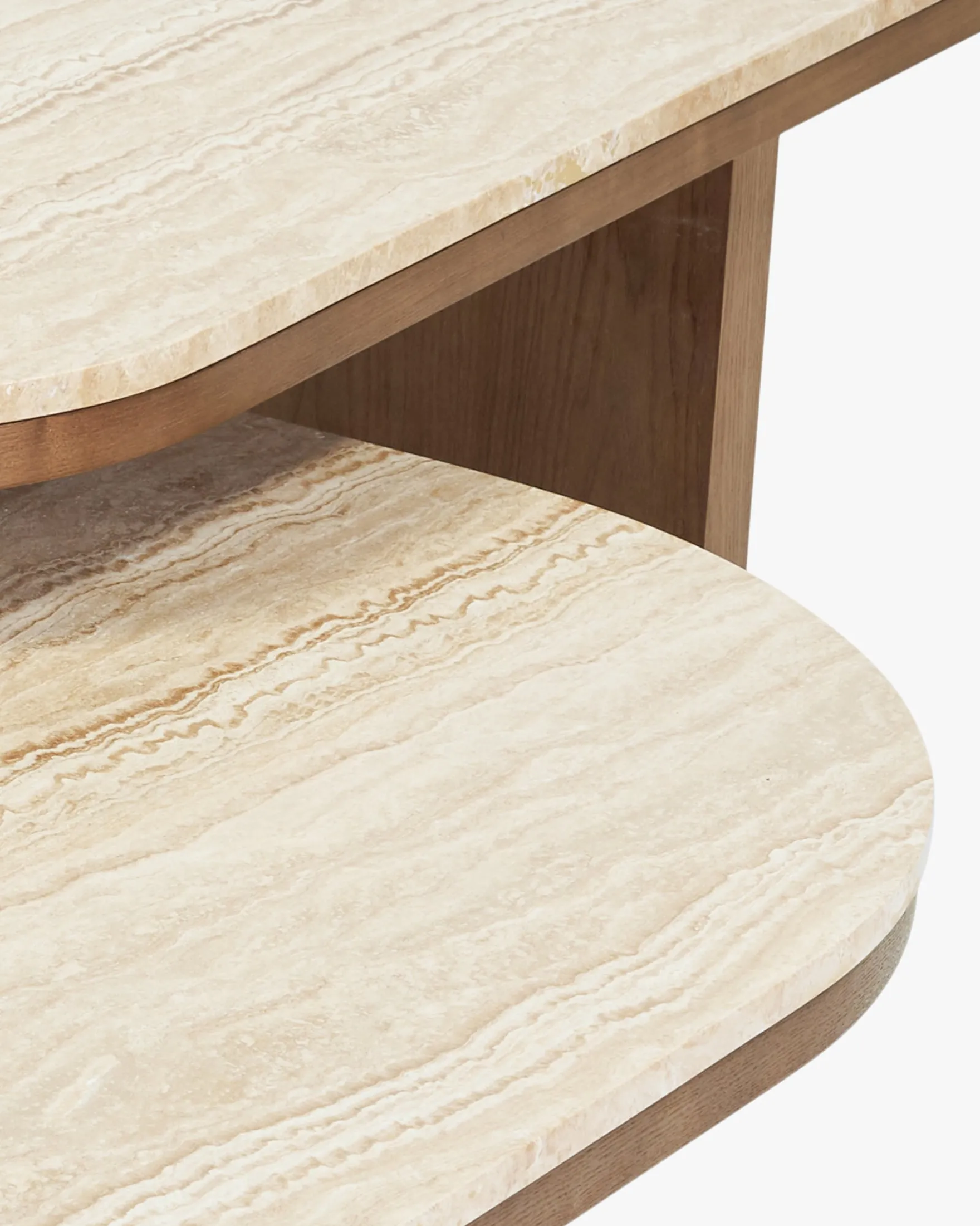 Ensemble de 3 tables basses gigognes, Travertin waterproof & bois de frêne teinte noyer Highland S, Highland M, Highland L