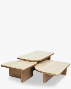 Ensemble de 3 tables basses gigognes, Travertin waterproof & bois de frêne teinte noyer Highland S, Highland M, Highland L