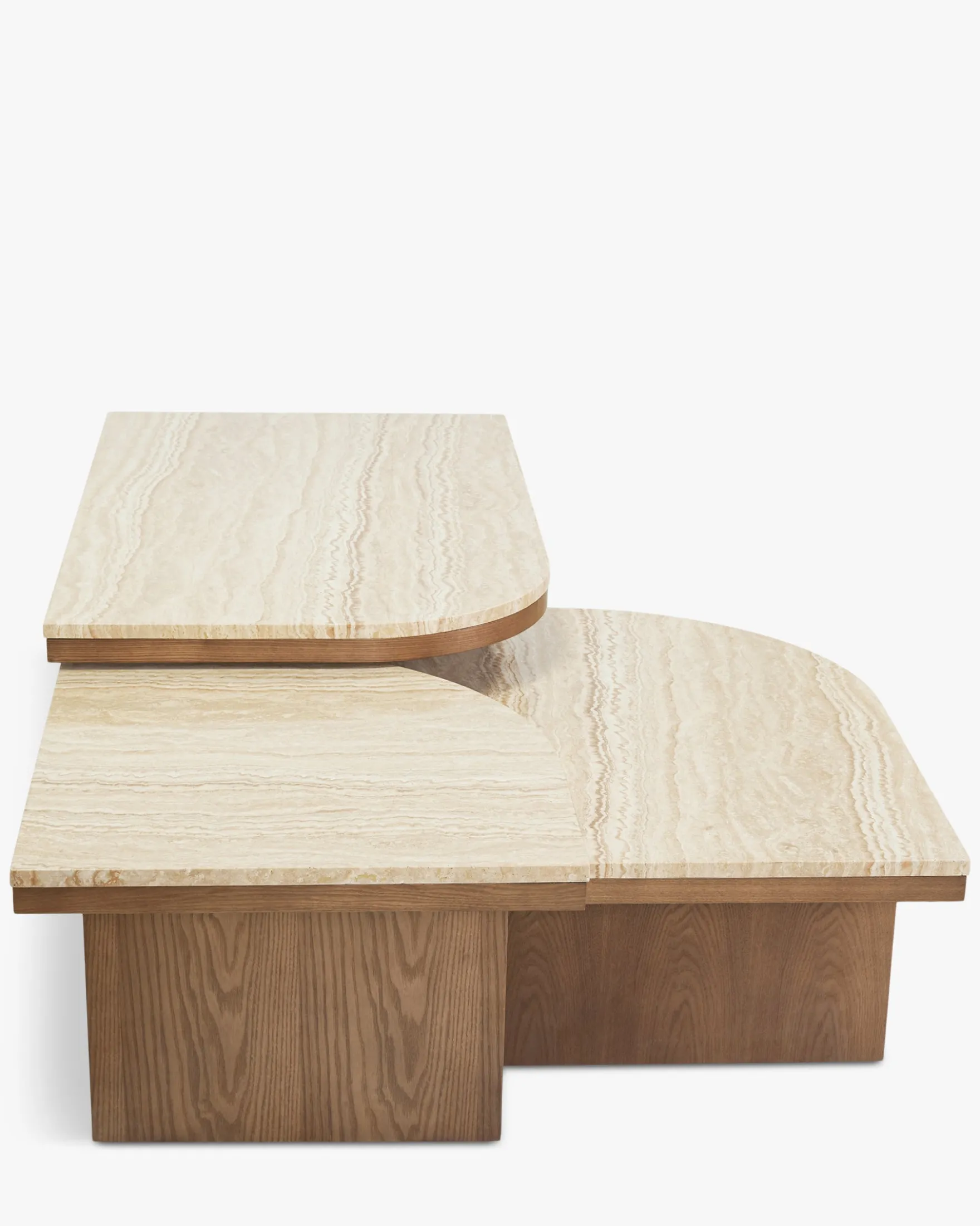 Ensemble de 3 tables basses gigognes, Travertin waterproof & bois de frêne teinte noyer Highland S, Highland M, Highland L
