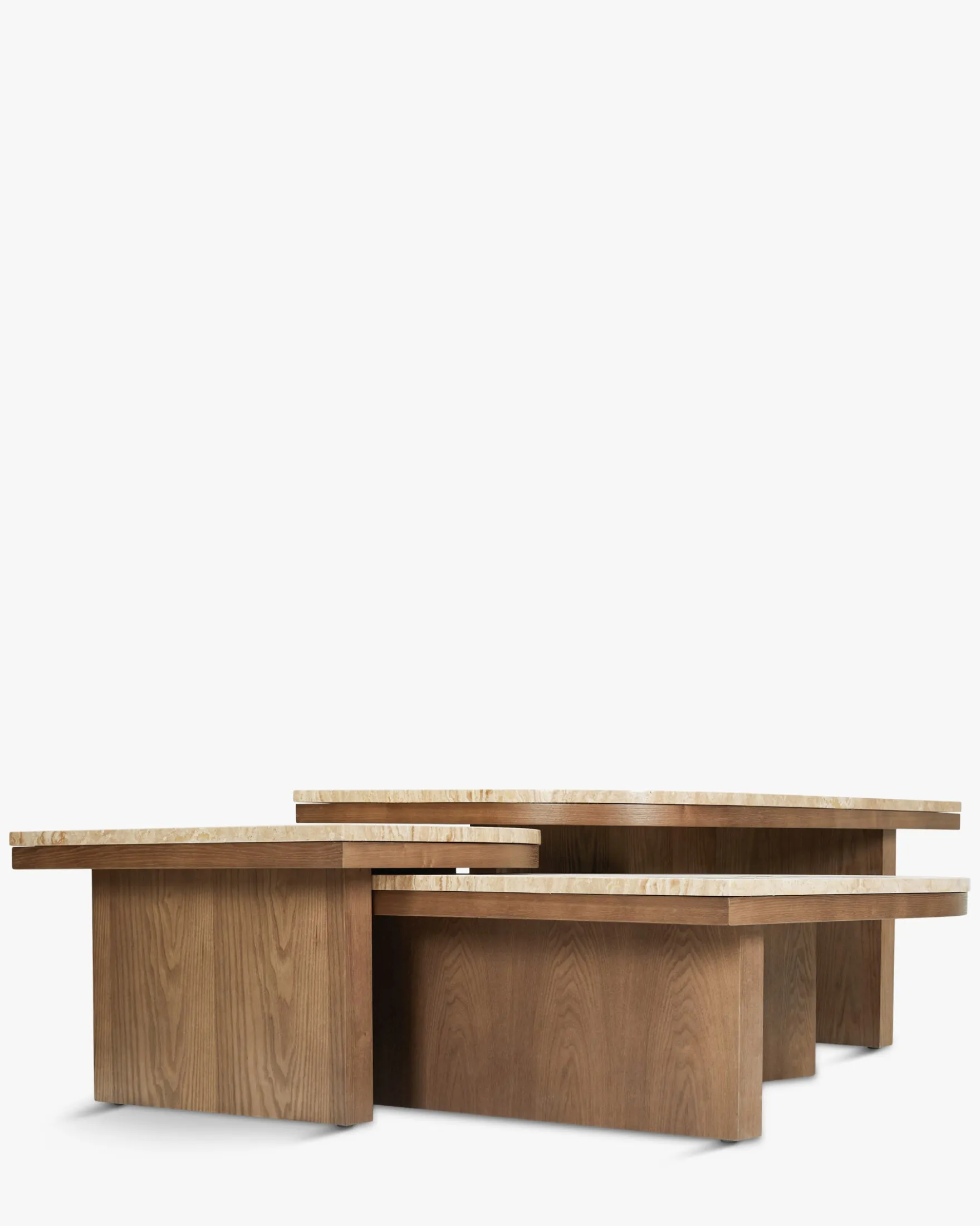 Ensemble de 3 tables basses gigognes, Travertin waterproof & bois de frêne teinte noyer Highland S, Highland M, Highland L