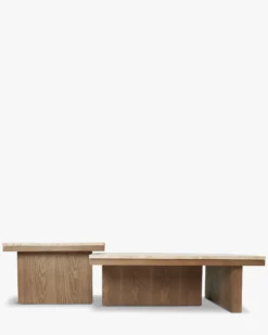 Ensemble de 2 tables basses gigognes, Travertin waterproof & bois de frêne teinte noyer Highland S, Highland M