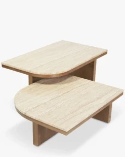 Ensemble de 2 tables basses gigognes, Travertin waterproof & bois de frêne teinte noyer Highland M, Highland L