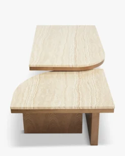 Ensemble de 2 tables basses gigognes, Travertin waterproof & bois de frêne teinte noyer Highland S, Highland L