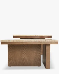 Ensemble de 2 tables basses gigognes, Travertin waterproof & bois de frêne teinte noyer Highland S, Highland L