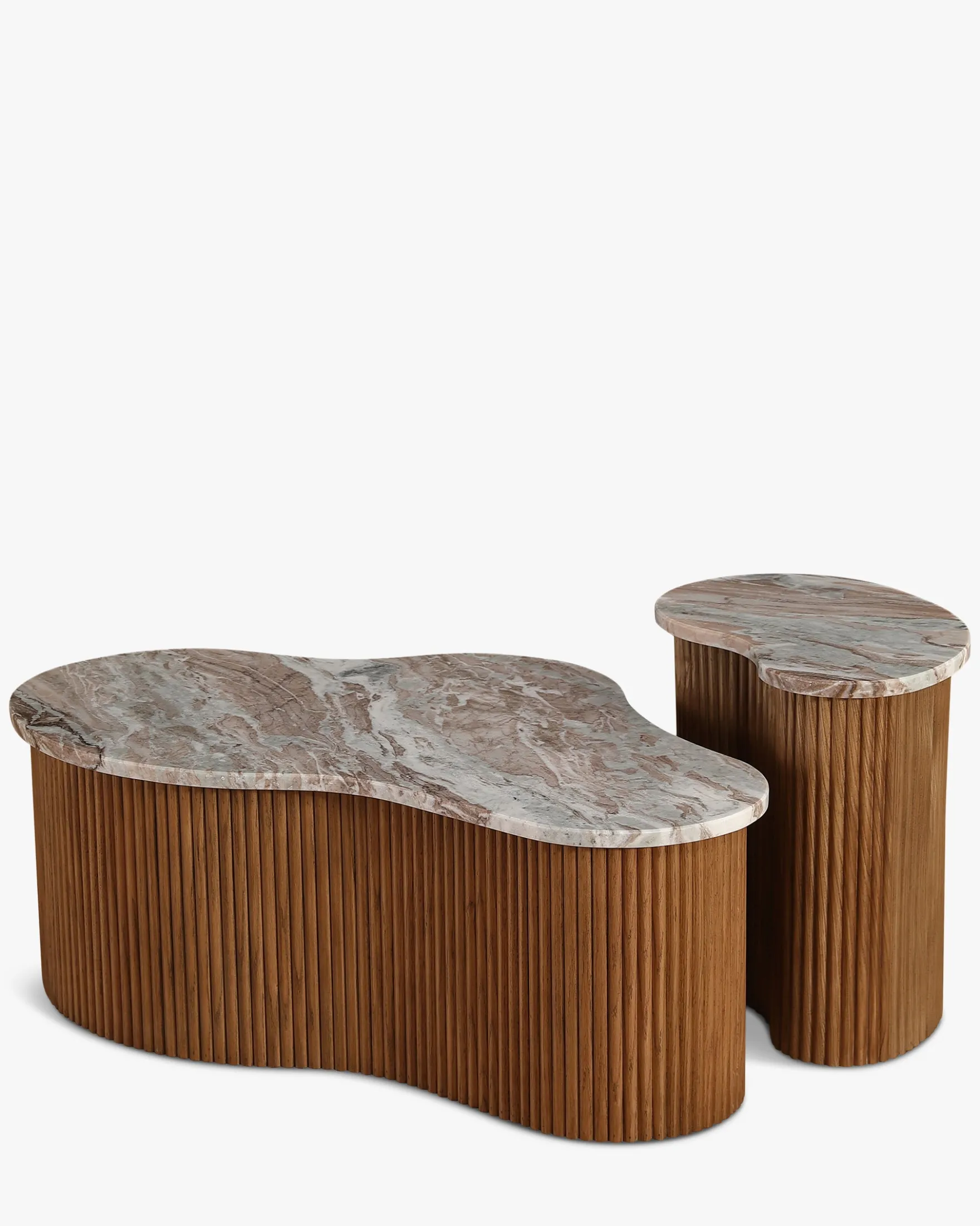 Ensemble de 2 tables gigognes, Marbre Kanta rouge & noyer Isleta