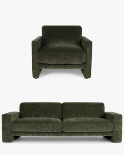 Ensemble fauteuil + canapé 3 places, Velours vert sapin Serena