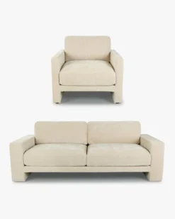 Ensemble fauteuil + canapé 3 places, Velours beige côtelé Serena
