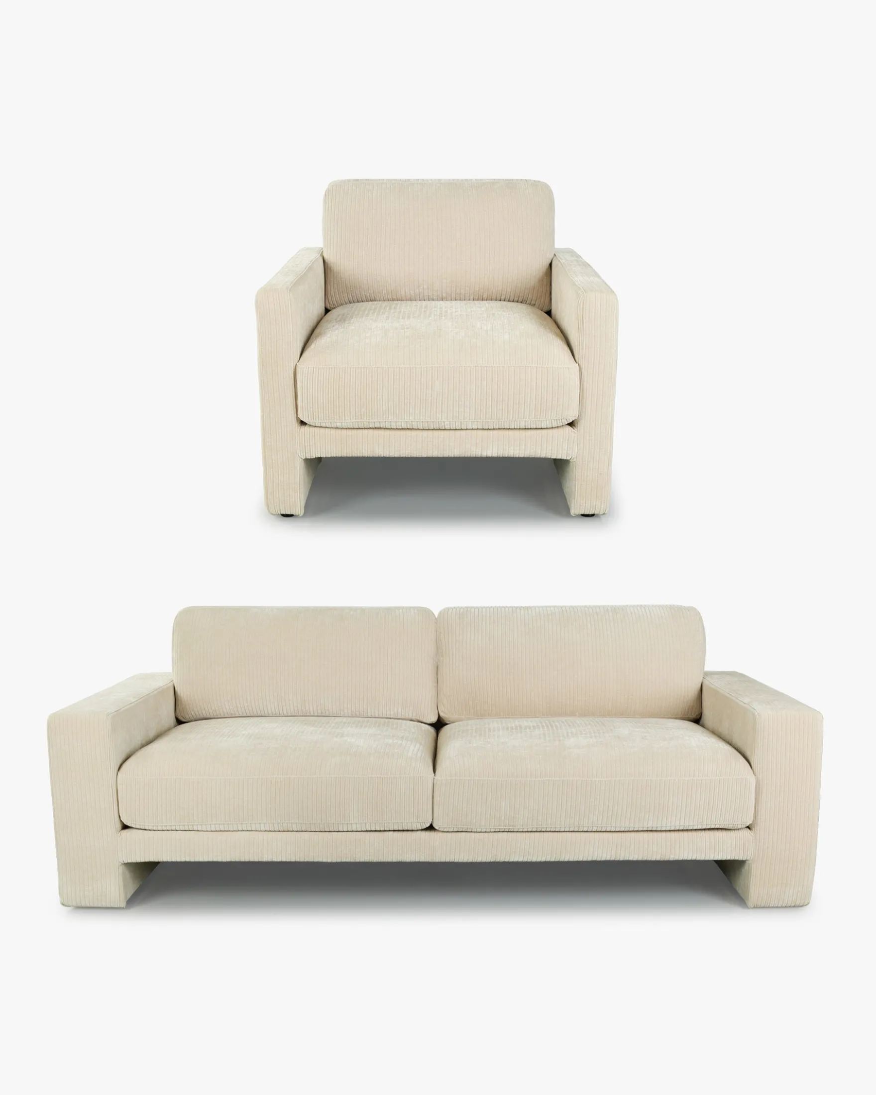Ensemble fauteuil + canapé 3 places, Velours beige côtelé Serena