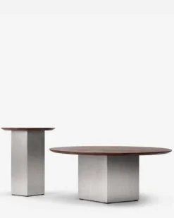 Ensemble Table basse + Table d'appoint, Bois de frêne teinte noyer & Acier inoxydable Hexa