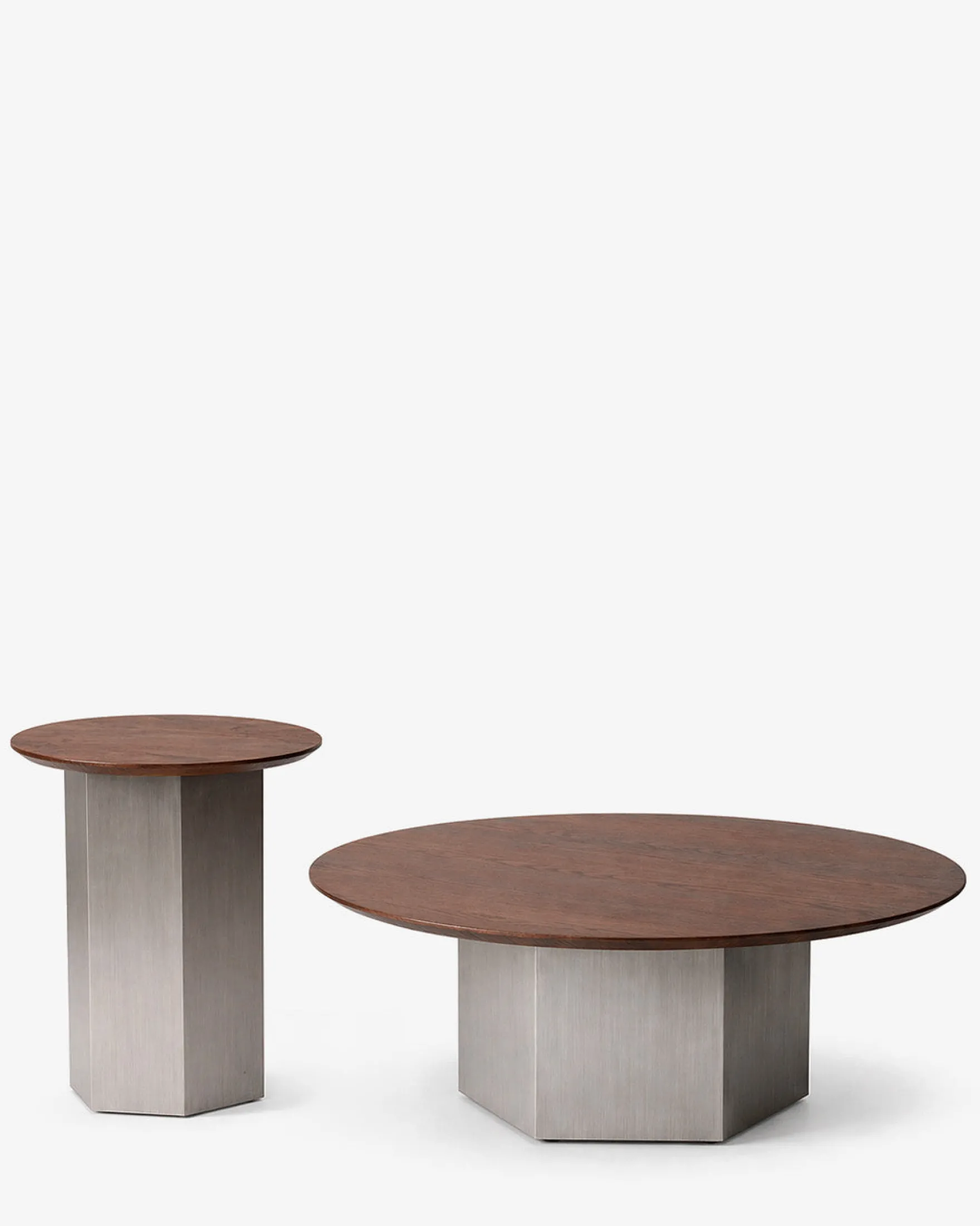 Ensemble Table basse + Table d'appoint, Bois de frêne teinte noyer & Acier inoxydable Hexa