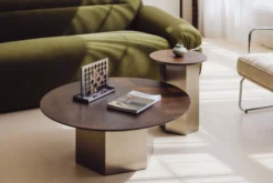 Ensemble Table basse + Table d'appoint, Bois de frêne teinte noyer & Acier inoxydable Hexa