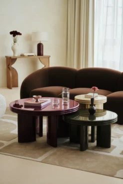 Ensemble tables basses + table d'appoint, Bordeaux, Kaki & Beige, Bois finition glossy Mira